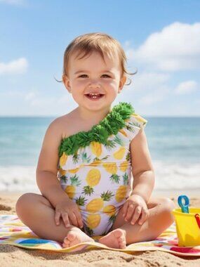 Girls Cute Off the Shoulder Ruffled Pineapple Print Swimsuit Size 1-2yr